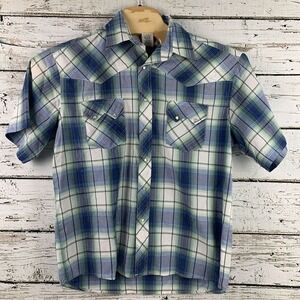 Rustler Men's Short Sleeve Pearl Snap Cotton Blend Shirt Blue Plaid [Size Large]